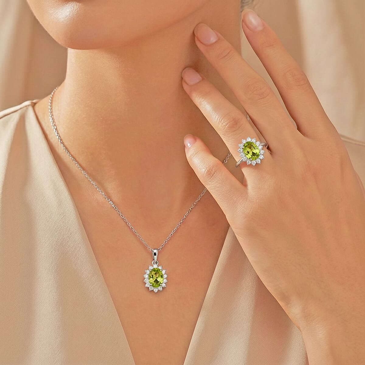 D'Joy Hebei Peridot and White Zircon 2.70 ctw Ring (Size 9.0) and Pendant Necklace 20 Inches in Rhodium Over Sterling Silver image number 2