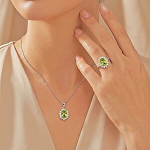 D'Joy Hebei Peridot and White Zircon 2.70 ctw Ring (Size 9.0) and Pendant Necklace 20 Inches in Rhodium Over Sterling Silver