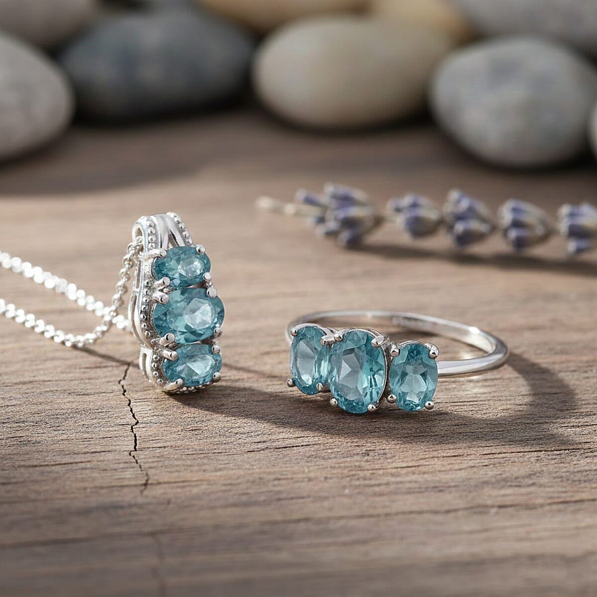 D'Joy Cambodian Blue Zircon 4.35 ctw Ring (Size 7.0) and Pendant Necklace 20 Inches in Rhodium Over Sterling Silver image number 1