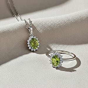 D'Joy Hebei Peridot and White Zircon 2.70 ctw Ring (Size 8.0) and Pendant Necklace 20 Inches in Rhodium Over Sterling Silver