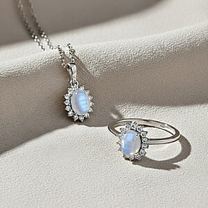 D'Joy Rainbow Moonstone and White Zircon 3.00 ctw Ring (Size 7.0) a and Pendant Necklace 20 Inches in Rhodium Over Sterling Silver