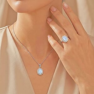 D'Joy Rainbow Moonstone and White Zircon 3.00 ctw Ring (Size 7.0) a and Pendant Necklace 20 Inches in Rhodium Over Sterling Silver