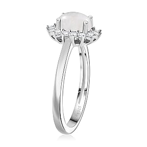 D'Joy Rainbow Moonstone and White Zircon 3.00 ctw Ring (Size 7.0) a and Pendant Necklace 20 Inches in Rhodium Over Sterling Silver