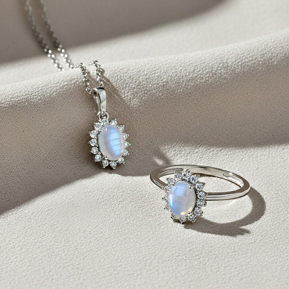 D'Joy Rainbow Moonstone and White Zircon 3.00 ctw Ring (Size 8.0) and Pendant Necklace 20 Inches in Rhodium Over Sterling Silver image number 1