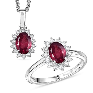 D'Joy Orissa Rhodolite Garnet and White Zircon 2.80 ctw Ring (Size 5.0) and Pendant Necklace 20 Inches in Rhodium Over Sterling Silver