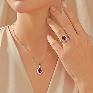 D'Joy Orissa Rhodolite Garnet and White Zircon 2.80 ctw Ring (Size 6.0) and Pendant Necklace 20 Inches in Rhodium Over Sterling Silver
