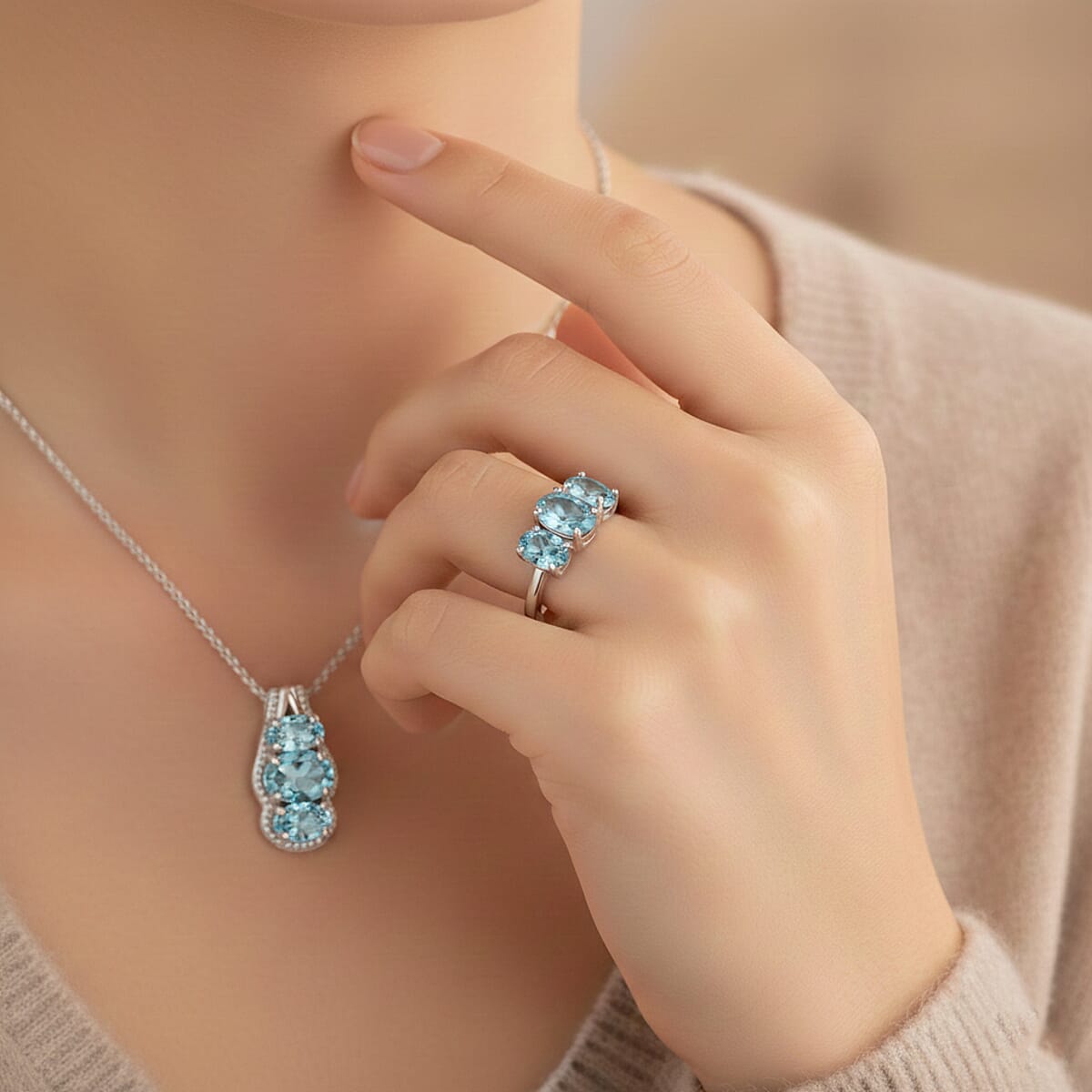 D'Joy Cambodian Blue Zircon 4.35 ctw Ring (Size 9.0) and Pendant Necklace 20 Inches in Rhodium Over Sterling Silver image number 2