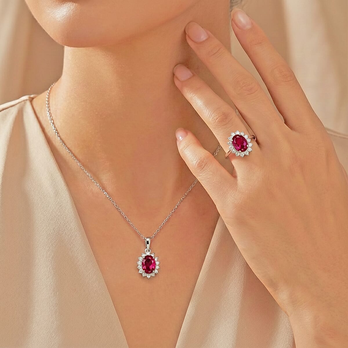 D'Joy Orissa Rhodolite Garnet and White Zircon 2.80 ctw Ring (Size 9.0) and Pendant Necklace 20 Inches in Rhodium Over Sterling Silver image number 2