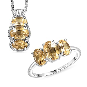 D'Joy Brazilian Citrine 2.60 ctw Ring (Size 7.0) and Pendant Necklace 20 Inches in Rhodium Over Sterling Silver