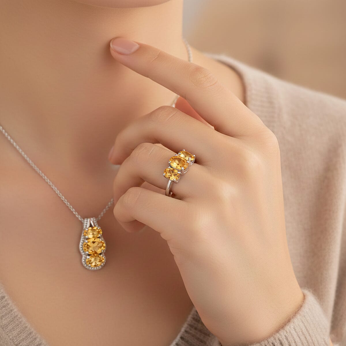 D'Joy Brazilian Citrine 2.60 ctw Ring (Size 7.0) and Pendant Necklace 20 Inches in Rhodium Over Sterling Silver image number 2