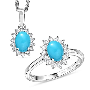 D'Joy Sleeping Beauty Turquoise and White Zircon 2.40 ctw Ring (Size 7.0) and Pendant Necklace 20 Inches in Rhodium Over Sterling Silver