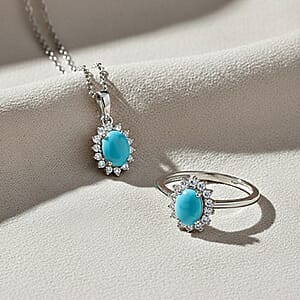 D'Joy Sleeping Beauty Turquoise and White Zircon 2.40 ctw Ring (Size 7.0) and Pendant Necklace 20 Inches in Rhodium Over Sterling Silver