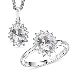D'Joy White Topaz and White Zircon 2.20 ctw Ring (Size 5.0) and Pendant Necklace 20 Inches in Rhodium Over Sterling Silver