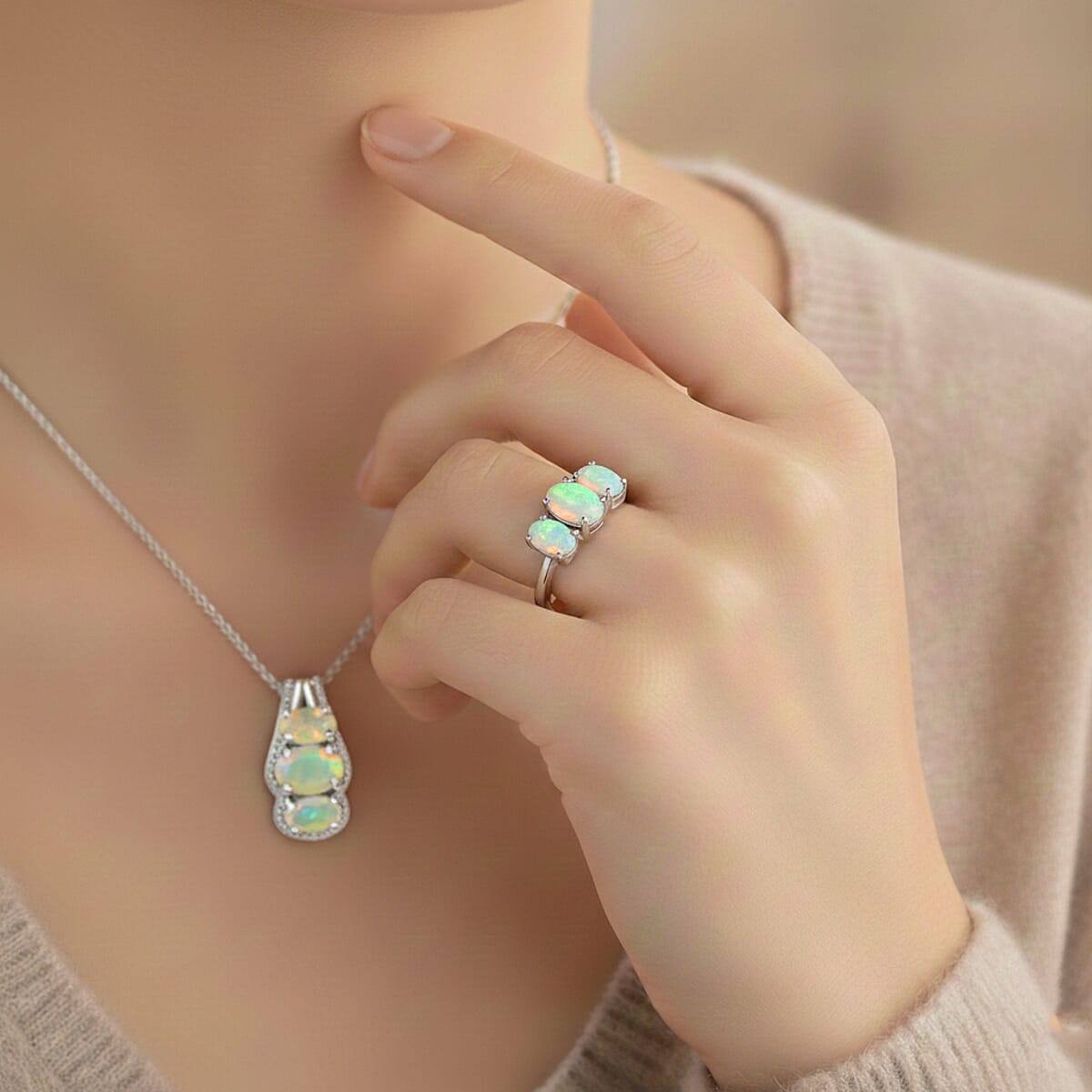 D'Joy Ethiopian Welo Opal 1.50 ctw Ring (Size 6.0) and Pendant Necklace 20 Inches in Rhodium Over Sterling Silver image number 2