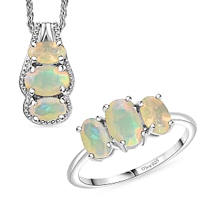 D'Joy Ethiopian Welo Opal 1.50 ctw Ring (Size 7.0) and Pendant Necklace 20 Inches in Rhodium Over Sterling Silver