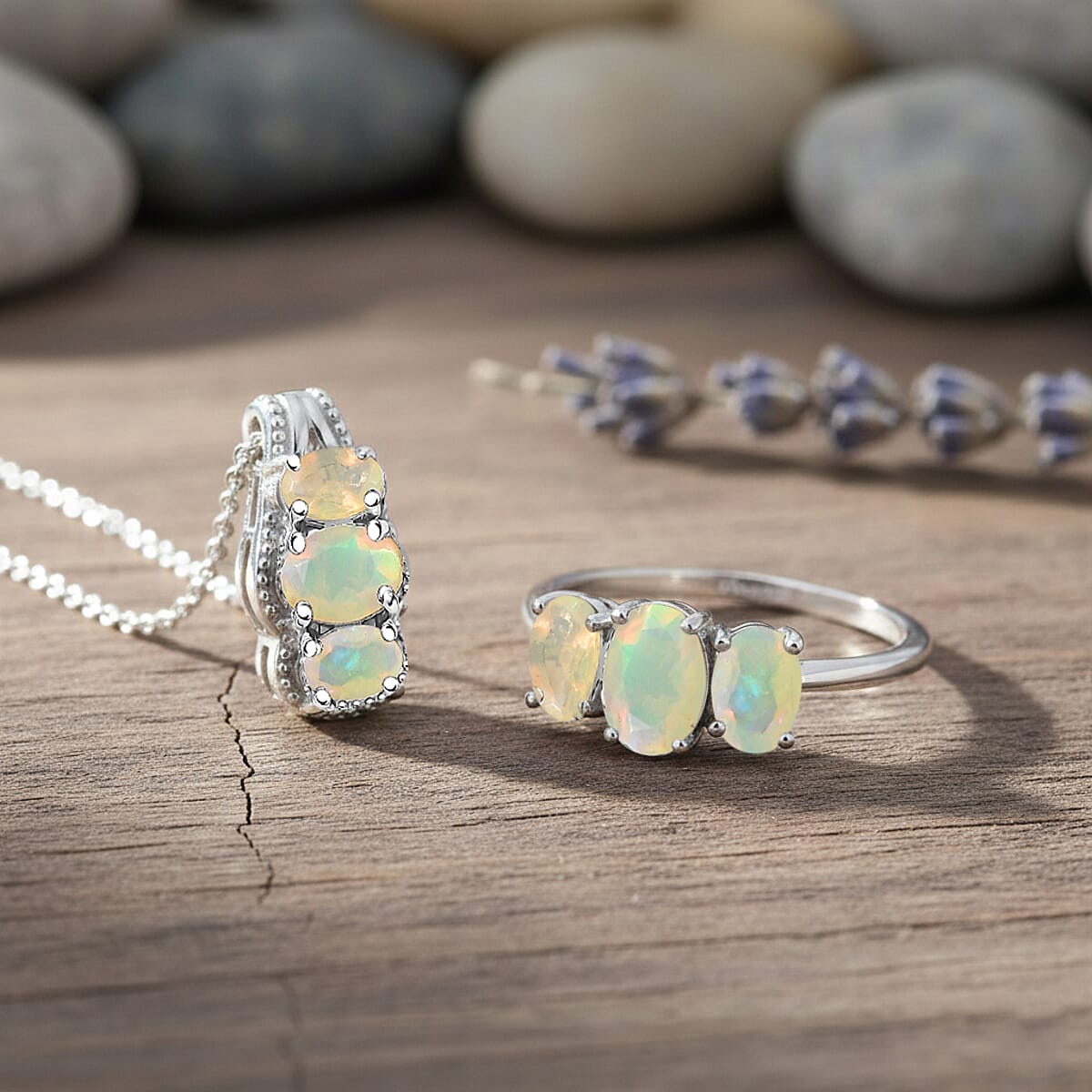 D'Joy Ethiopian Welo Opal 1.50 ctw Ring (Size 7.0) and Pendant Necklace 20 Inches in Rhodium Over Sterling Silver image number 1