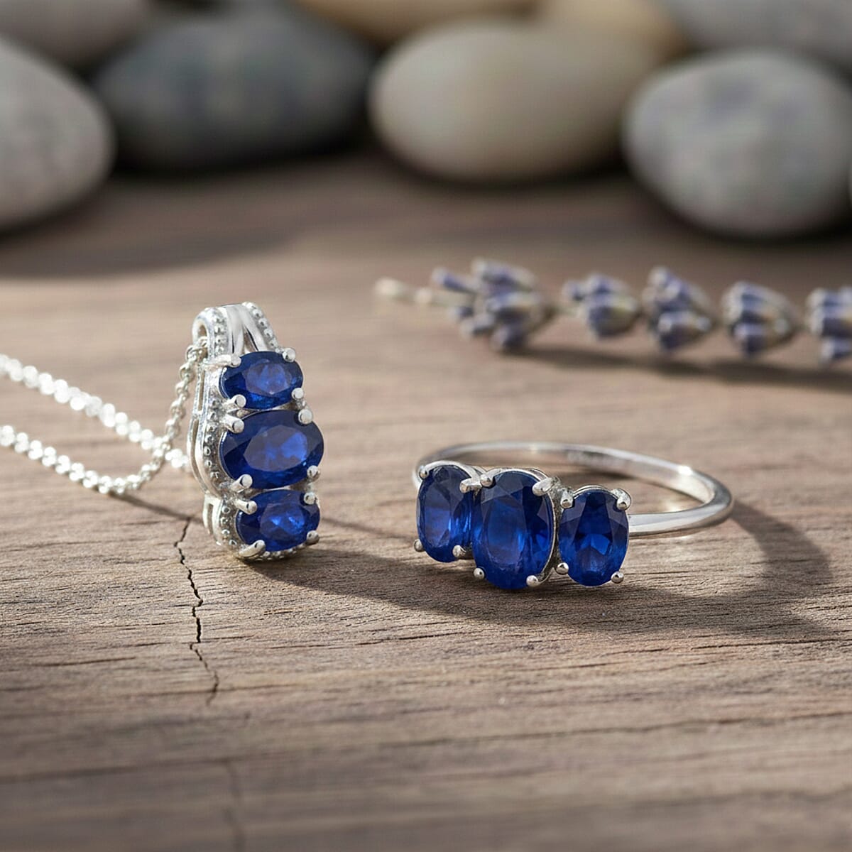 D'Joy Masoala Sapphire (D) 4.10 ctw Ring (Size 6.0) and Pendant Necklace 20 Inches in Rhodium Over Sterling Silver image number 1