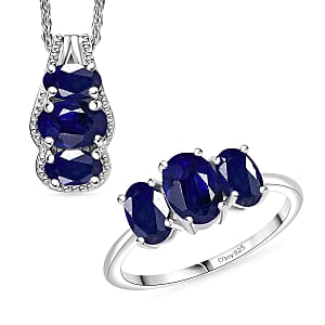 D'Joy Masoala Sapphire (D) 4.10 ctw Ring (Size 8.0) and Pendant Necklace 20 Inches in Rhodium Over Sterling Silver