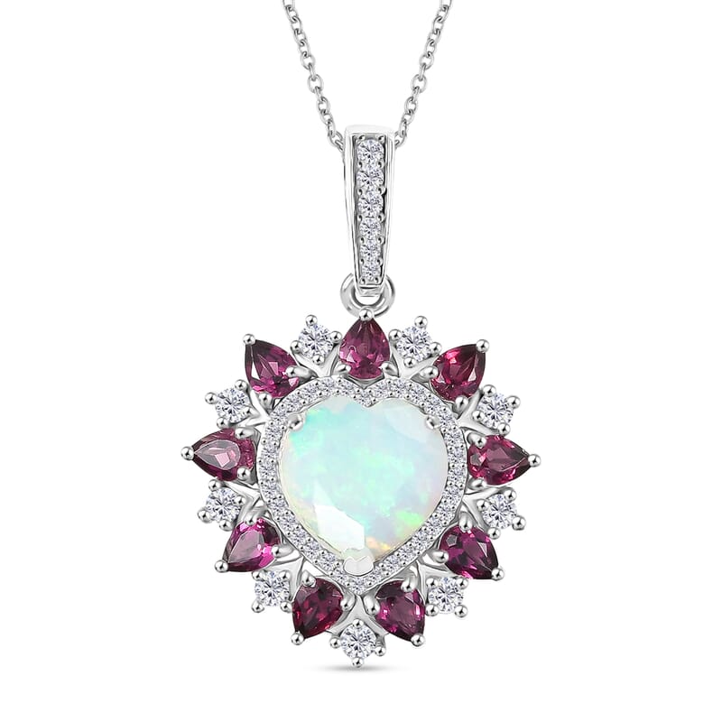 D'Joy Premium Ethiopian Welo Opal and Multi Gemstone 4.70 ctw Radiant Heart Pendant Necklace in Rhodium Over Sterling Silver 20 Inches