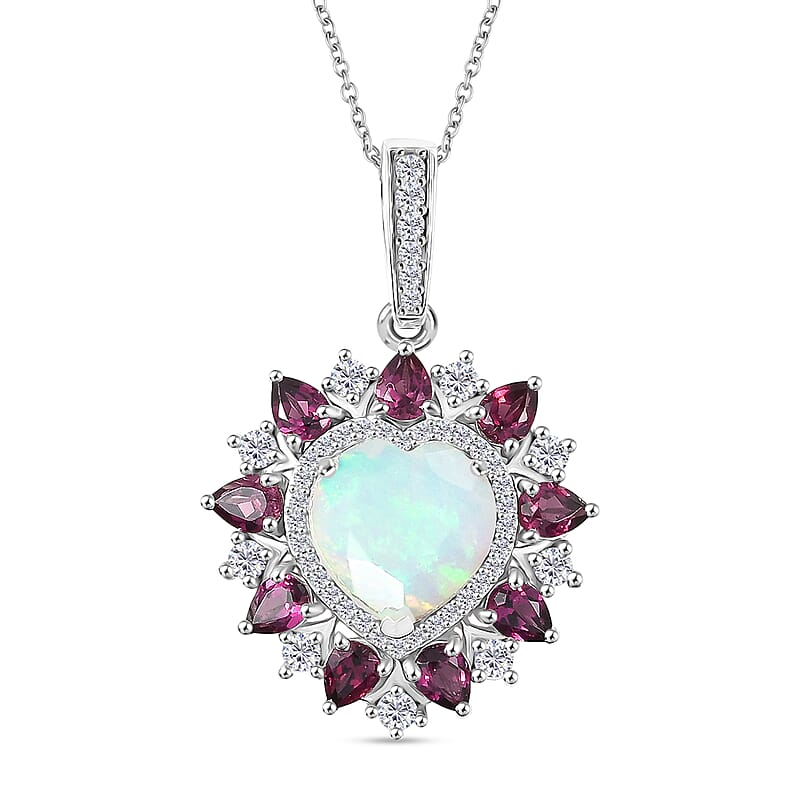 D'Joy Premium Ethiopian Welo Opal and Multi Gemstone 4.70 ctw Radiant Heart Pendant Necklace in Rhodium Over Sterling Silver 20 Inches