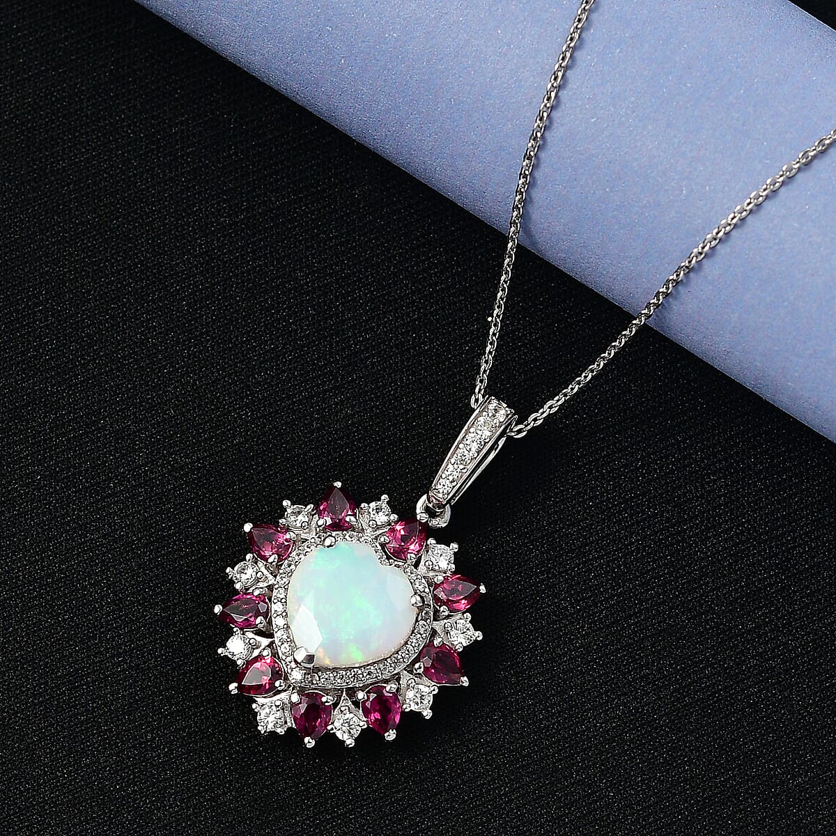 D'Joy Premium Ethiopian Welo Opal and Multi Gemstone 4.70 ctw Radiant Heart Pendant Necklace in Rhodium Over Sterling Silver 20 Inches image number 1