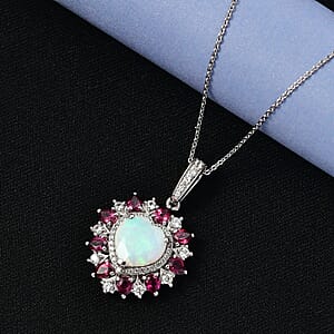 D'Joy Premium Ethiopian Welo Opal and Multi Gemstone 4.70 ctw Radiant Heart Pendant Necklace in Rhodium Over Sterling Silver 20 Inches