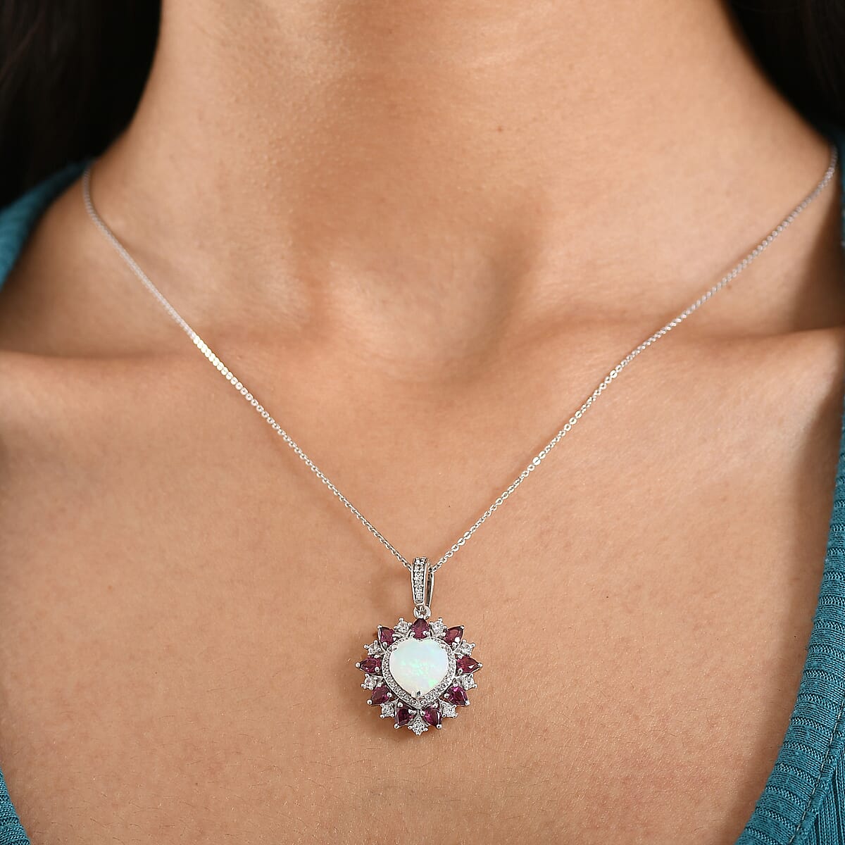 D'Joy Premium Ethiopian Welo Opal and Multi Gemstone 4.70 ctw Radiant Heart Pendant Necklace in Rhodium Over Sterling Silver 20 Inches image number 2