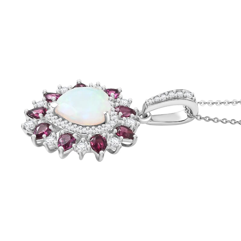 D'Joy Premium Ethiopian Welo Opal and Multi Gemstone 4.70 ctw Radiant Heart Pendant Necklace in Rhodium Over Sterling Silver 20 Inches