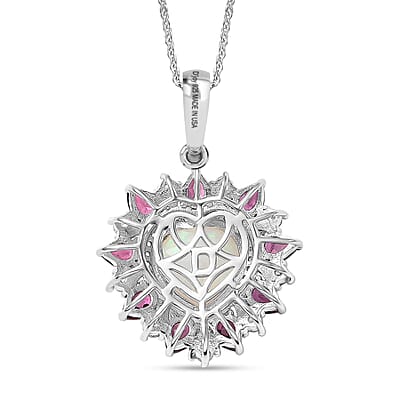 D'Joy Premium Ethiopian Welo Opal and Multi Gemstone 4.70 ctw Radiant Heart Pendant Necklace in Rhodium Over Sterling Silver 20 Inches