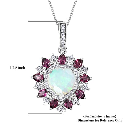 D'Joy Premium Ethiopian Welo Opal and Multi Gemstone 4.70 ctw Radiant Heart Pendant Necklace in Rhodium Over Sterling Silver 20 Inches