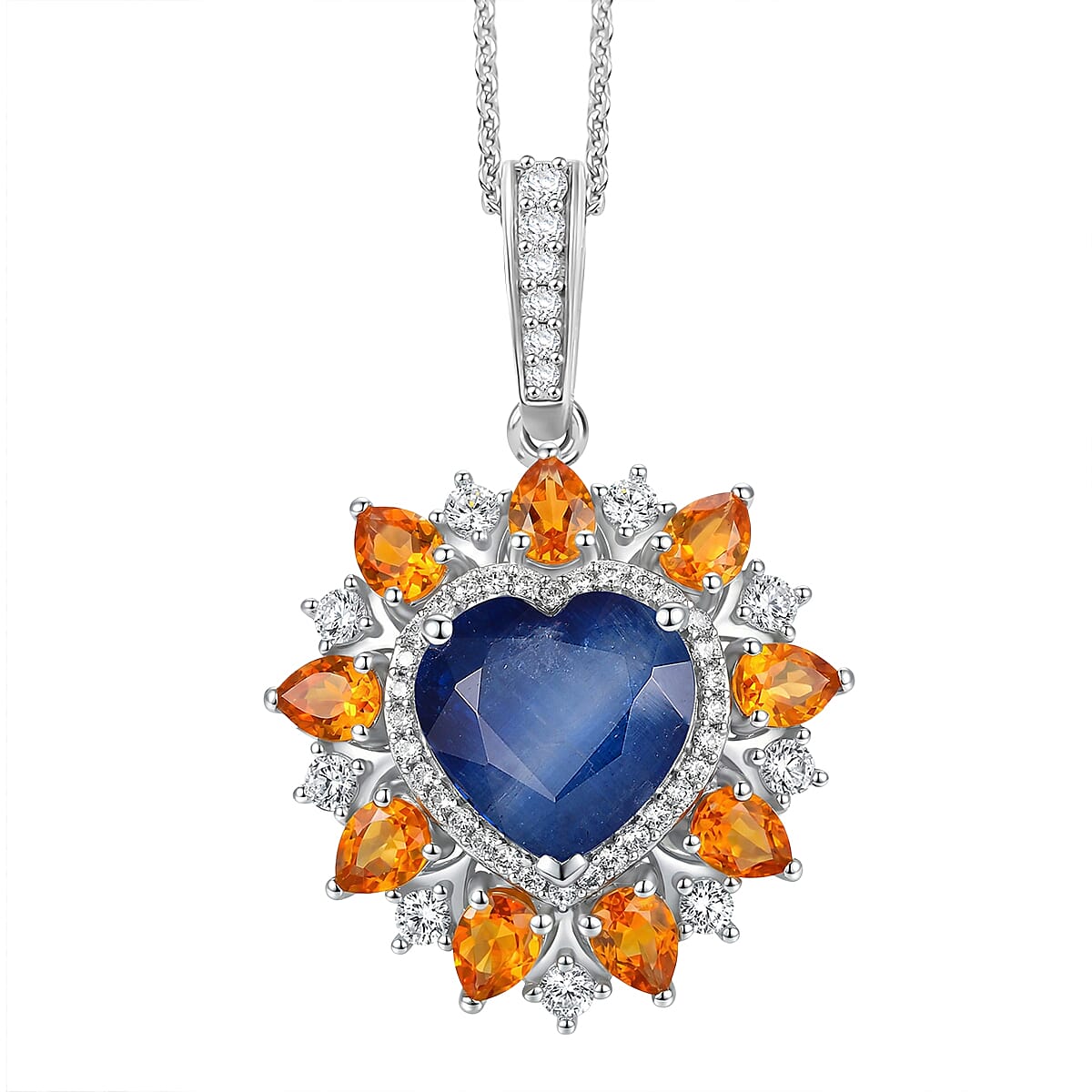 D'Joy Premium Kashmir Kyanite and Multi Gemstone 6.15 ctw Radiant Heart Pendant Necklace in Rhodium Over Sterling Silver 20 Inches