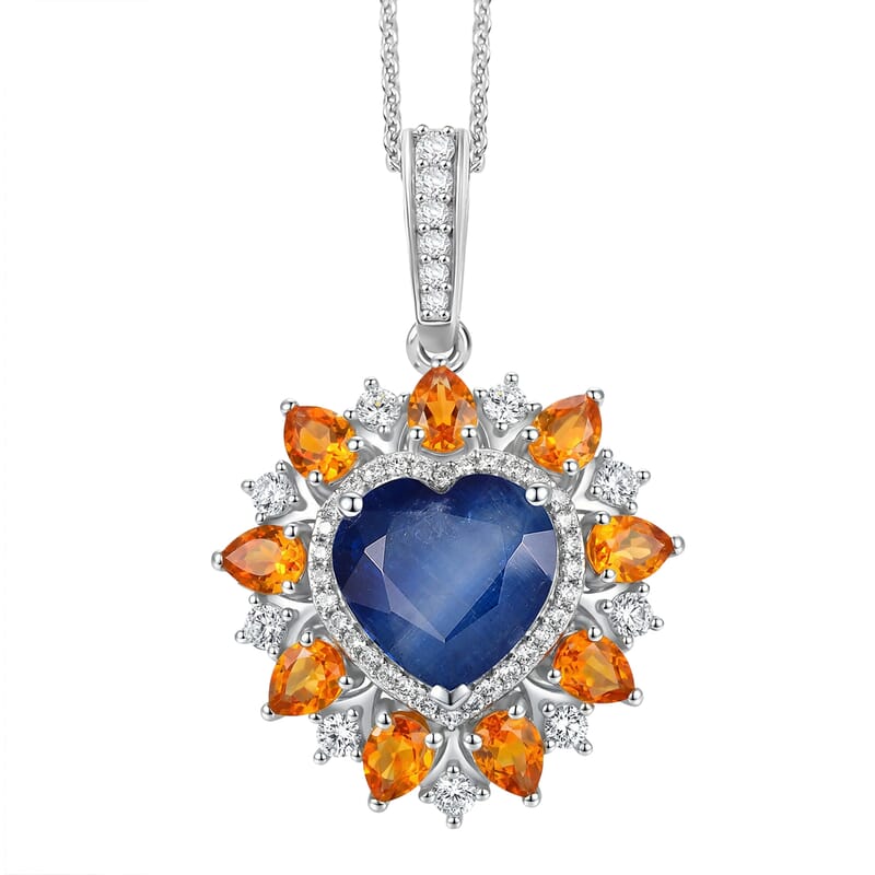 D'Joy Premium Kashmir Kyanite and Multi Gemstone 6.15 ctw Radiant Heart Pendant Necklace in Rhodium Over Sterling Silver 20 Inches
