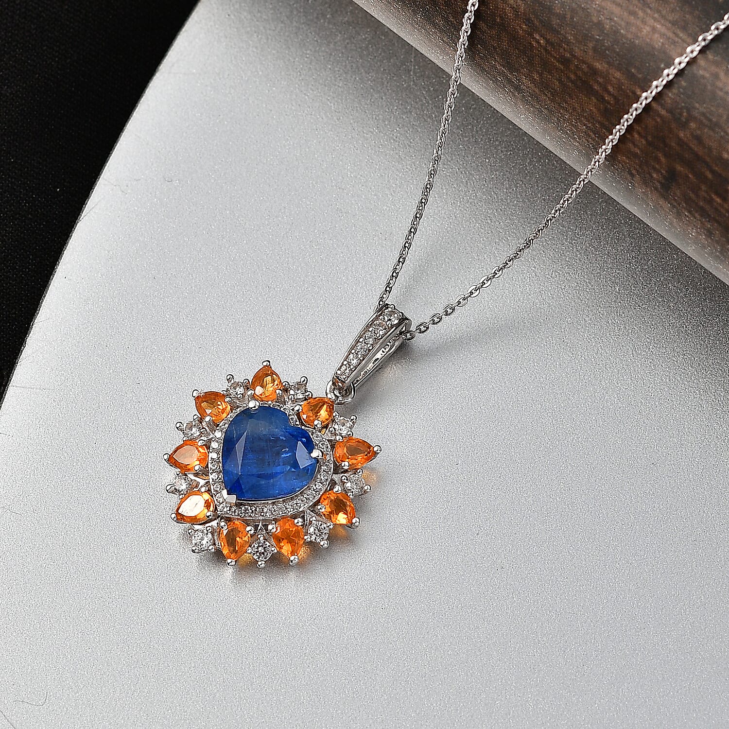 D'Joy Premium Kashmir Kyanite and Multi Gemstone 6.15 ctw Radiant Heart Pendant Necklace in Rhodium Over Sterling Silver 20 Inches