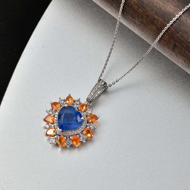 D'Joy Premium Kashmir Kyanite and Multi Gemstone 6.15 ctw Radiant Heart Pendant Necklace in Rhodium Over Sterling Silver 20 Inches