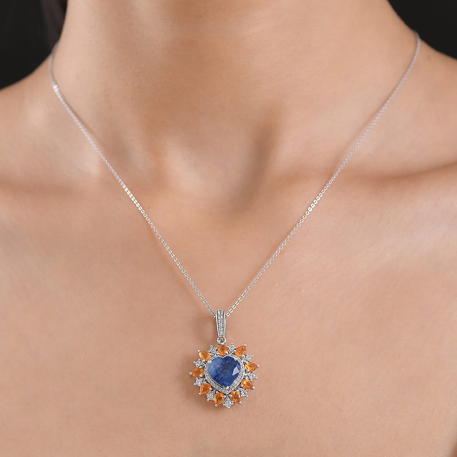 D'Joy Premium Kashmir Kyanite and Multi Gemstone 6.15 ctw Radiant Heart Pendant Necklace in Rhodium Over Sterling Silver 20 Inches