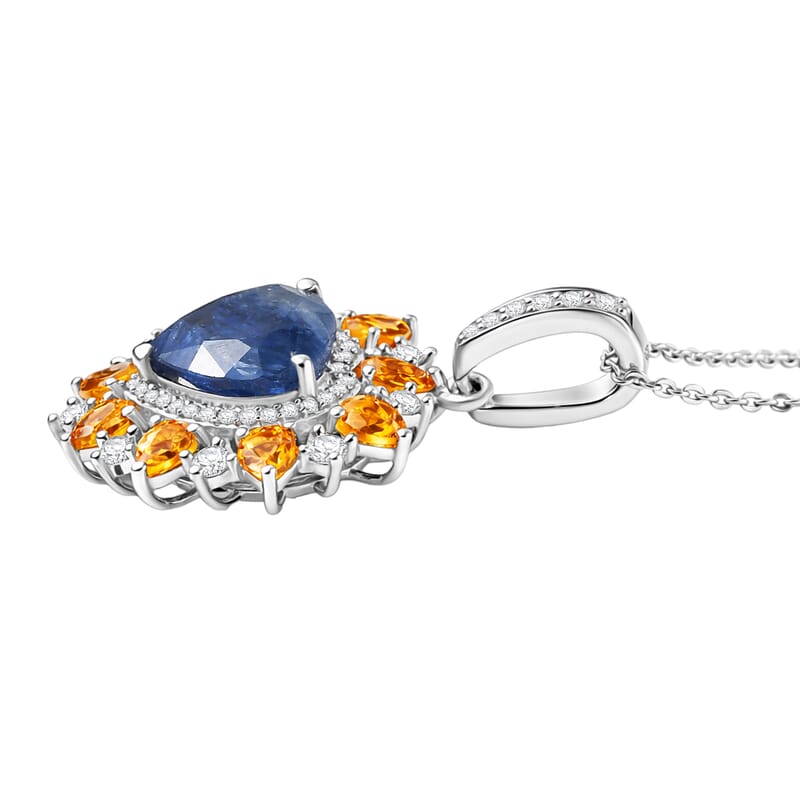 D'Joy Premium Kashmir Kyanite and Multi Gemstone 6.15 ctw Radiant Heart Pendant Necklace in Rhodium Over Sterling Silver 20 Inches