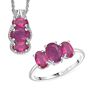 D'Joy Niassa Ruby (FF) 3.75 ctw Ring (Size 6.0) and Pendant Necklace 20 Inches in Rhodium Over Sterling Silver