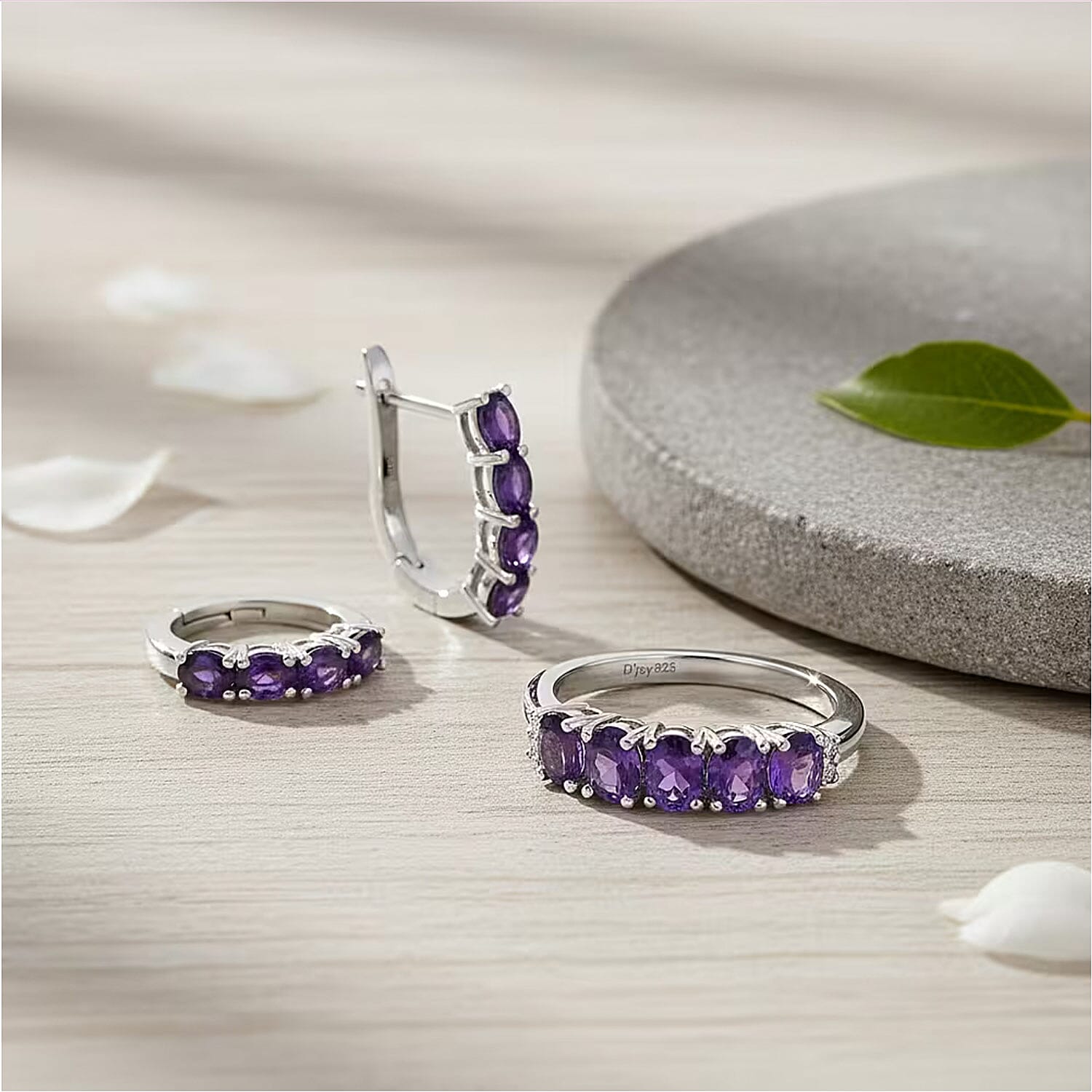 D'Joy African Amethyst, White Zircon 2.20 ctw Band Ring (Size 5.0) and Earrings in Rhodium Over Sterling Silver (Del. In 10-12 Days)
