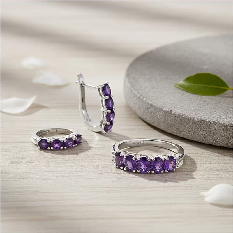 D'Joy African Amethyst, White Zircon 2.20 ctw Band Ring (Size 5.0) and Earrings in Rhodium Over Sterling Silver
