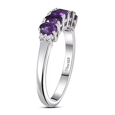 D'Joy African Amethyst, White Zircon 2.20 ctw Band Ring (Size 5.0) and Earrings in Rhodium Over Sterling Silver