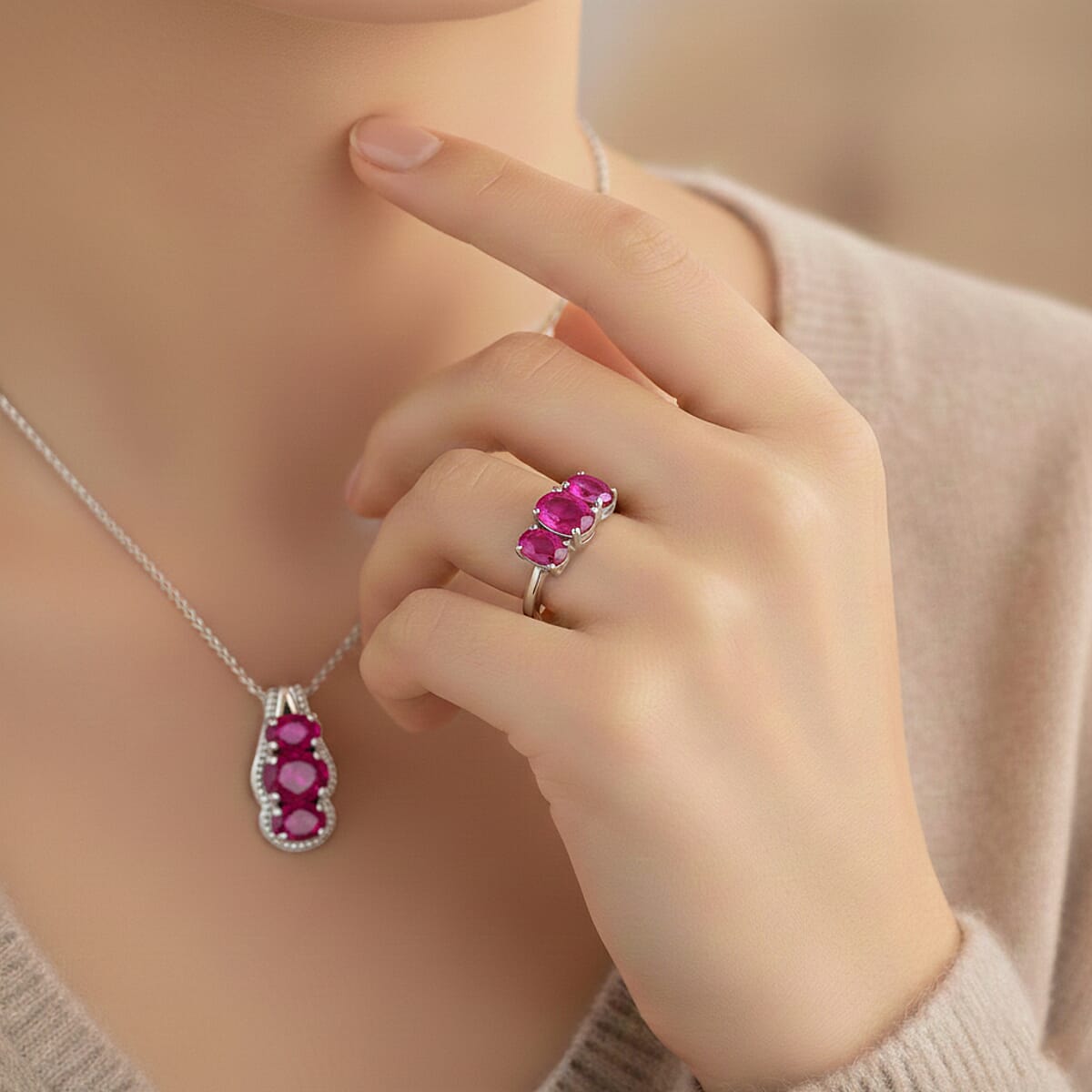 D'Joy Niassa Ruby (FF) 3.75 ctw Ring (Size 8.0) and Pendant Necklace 20 Inches in Rhodium Over Sterling Silver image number 2