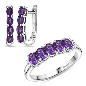 D'Joy African Amethyst, White Zircon Band Ring (Size 5.0) and Earrings in Rhodium Over Sterling Silver 2.20 ctw