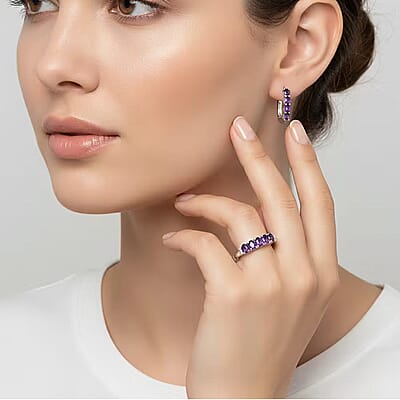 D'Joy African Amethyst, White Zircon 2.20 ctw Band Ring (Size 6.0) and Earrings in Rhodium Over Sterling Silver