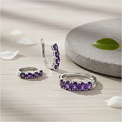 D'Joy African Amethyst, White Zircon 2.20 ctw Band Ring (Size 6.0) and Earrings in Rhodium Over Sterling Silver