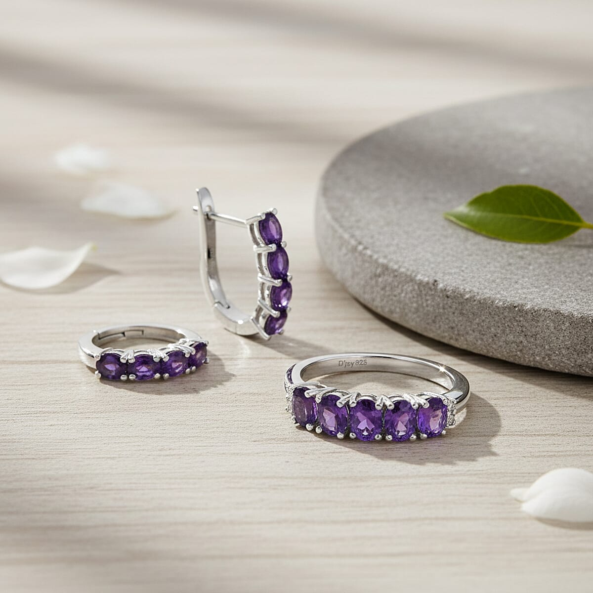 D'Joy African Amethyst, White Zircon Band Ring (Size 5.0) and Earrings in Rhodium Over Sterling Silver 2.20 ctw image number 1