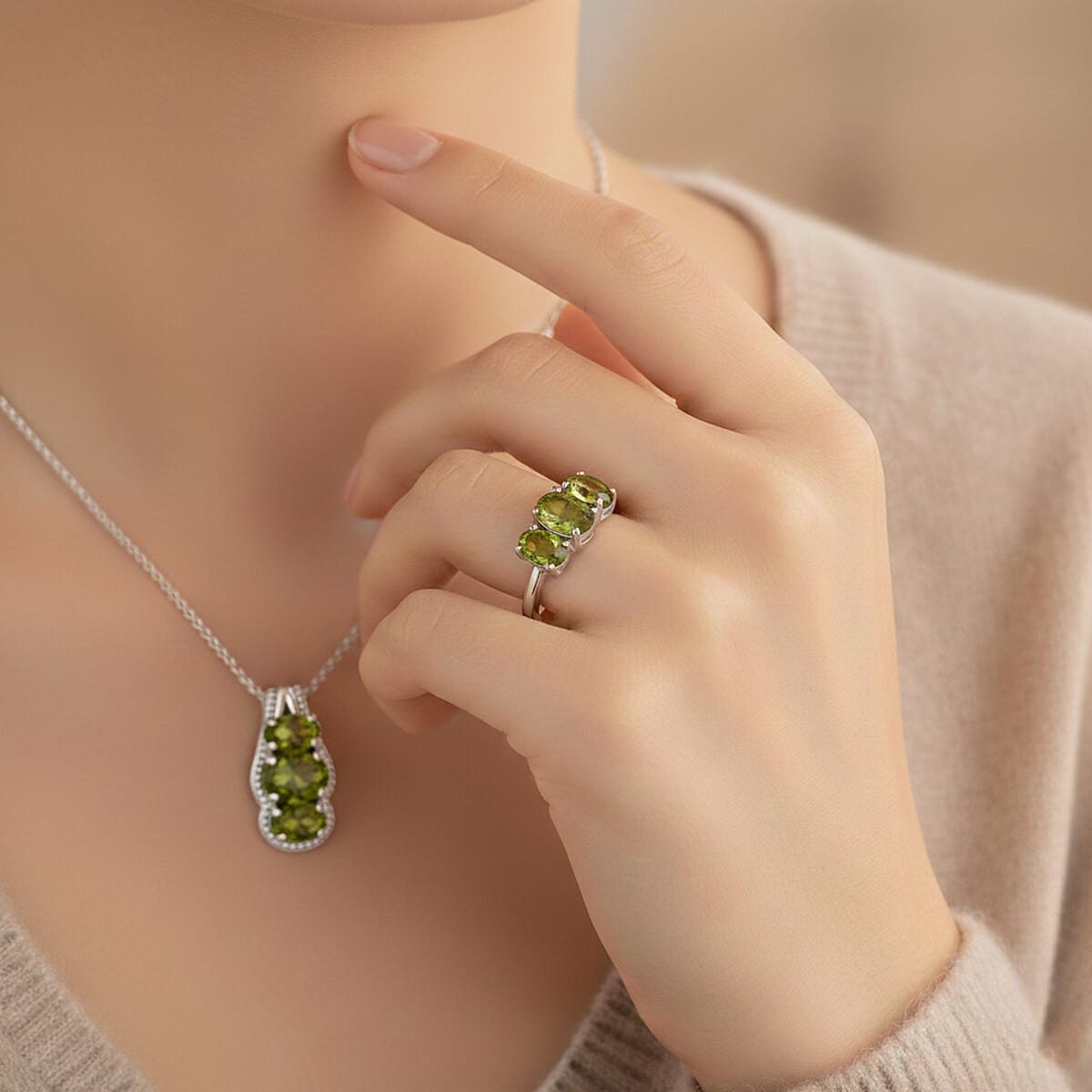 D'Joy Hebei Peridot 3.10 ctw Ring (Size 6.0) and Pendant Necklace 20 Inches in Rhodium Over Sterling Silver image number 2
