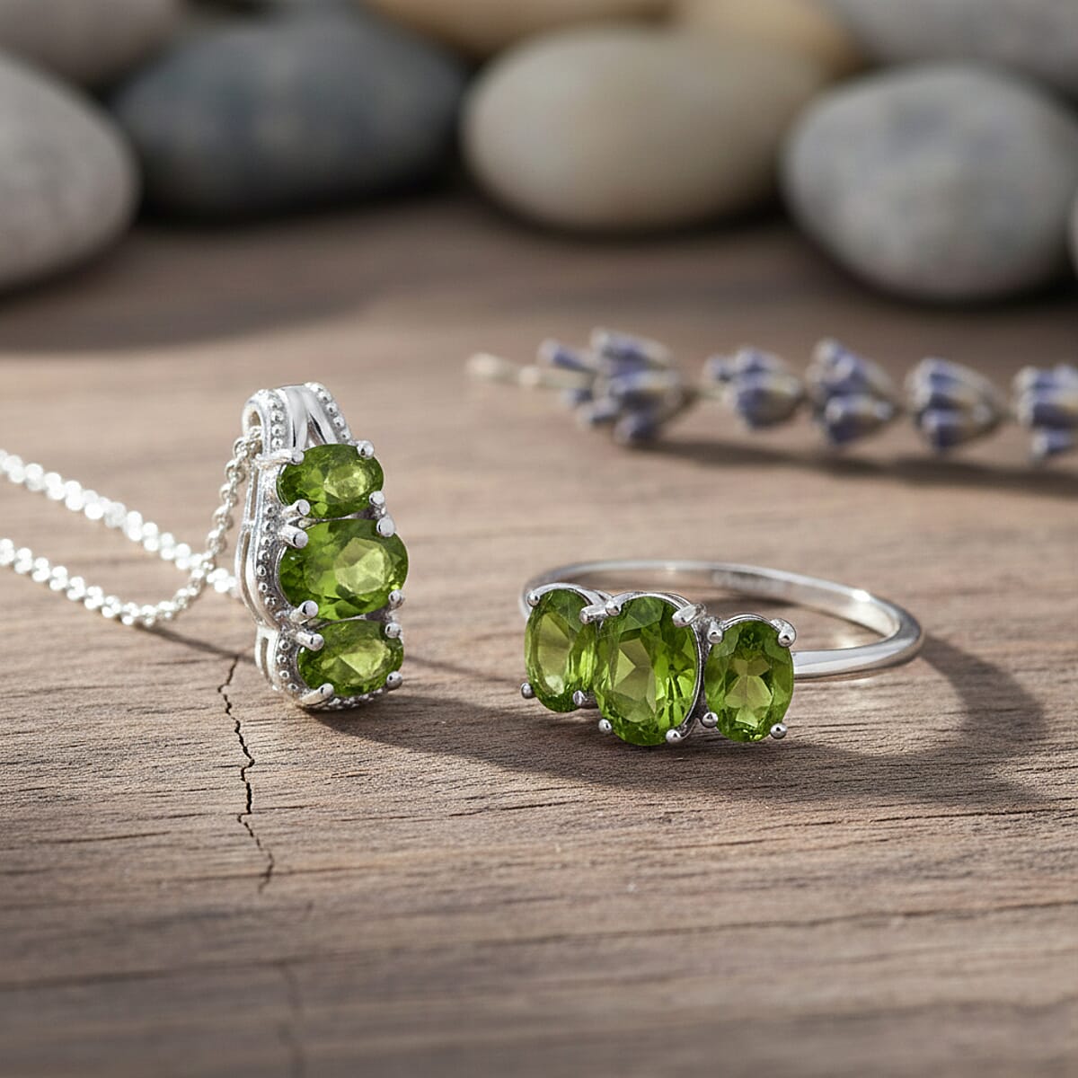 D'Joy Hebei Peridot 3.10 ctw Ring (Size 8.0) and Pendant Necklace 20 Inches in Rhodium Over Sterling Silver image number 1