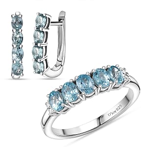 D'Joy Cambodian Blue Zircon, White Zircon 3.60 ctw Band Ring (Size 6.0) and Earrings in Rhodium Over Sterling Silver
