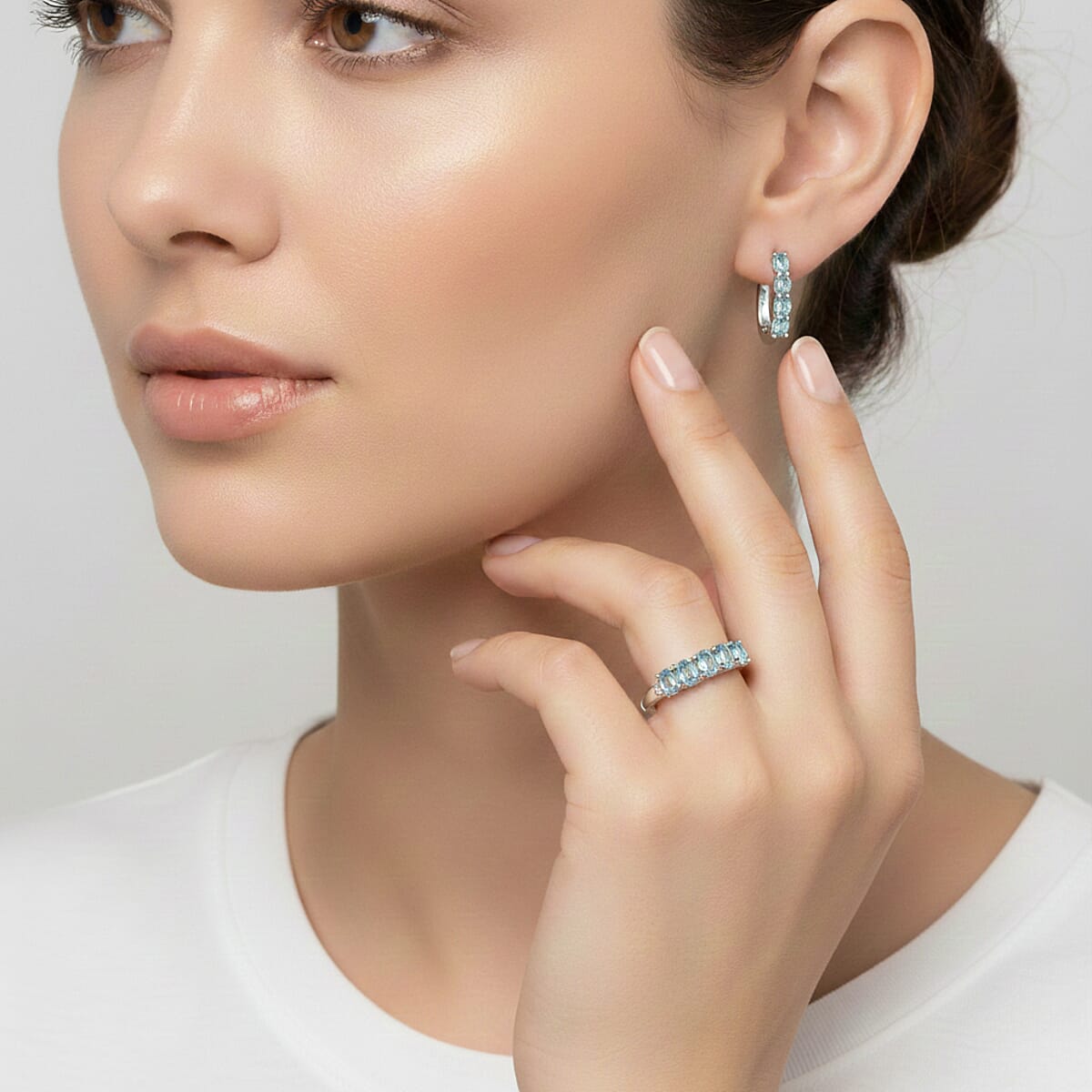 D'Joy Cambodian Blue Zircon, White Zircon 3.60 ctw Band Ring (Size 6.0) and Earrings in Rhodium Over Sterling Silver image number 2