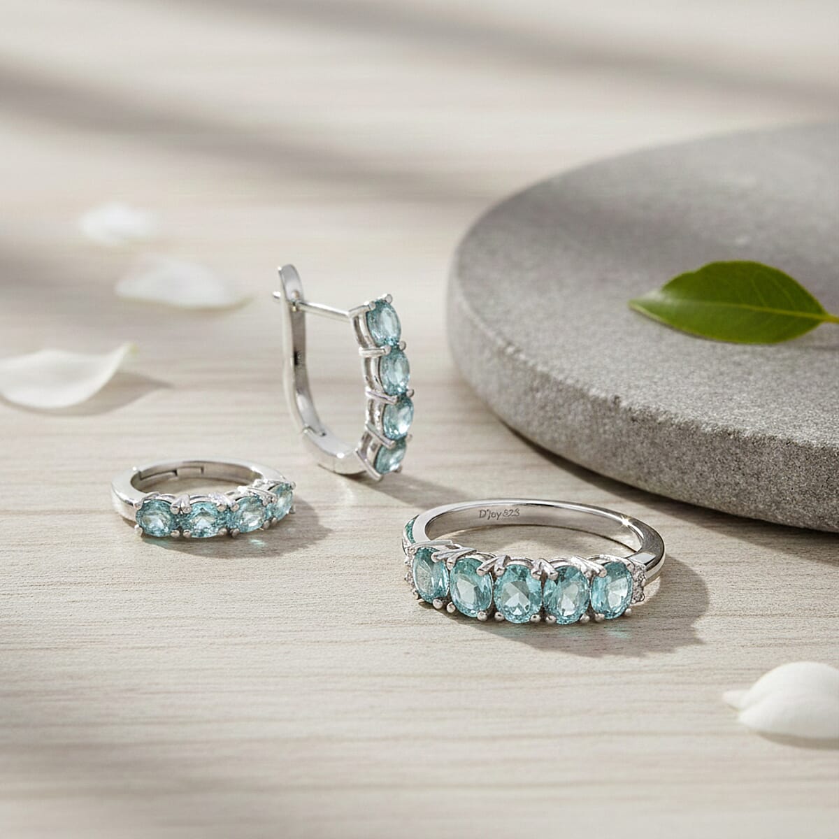D'Joy Cambodian Blue Zircon, White Zircon 3.60 ctw Band Ring (Size 7.0) and Earrings in Rhodium Over Sterling Silver image number 1